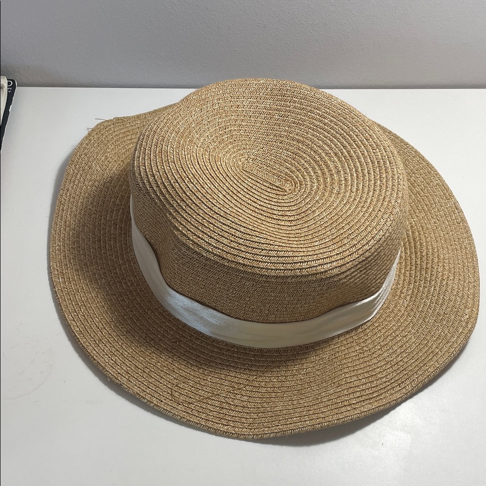 Straw Boater Hat with White Ribbon